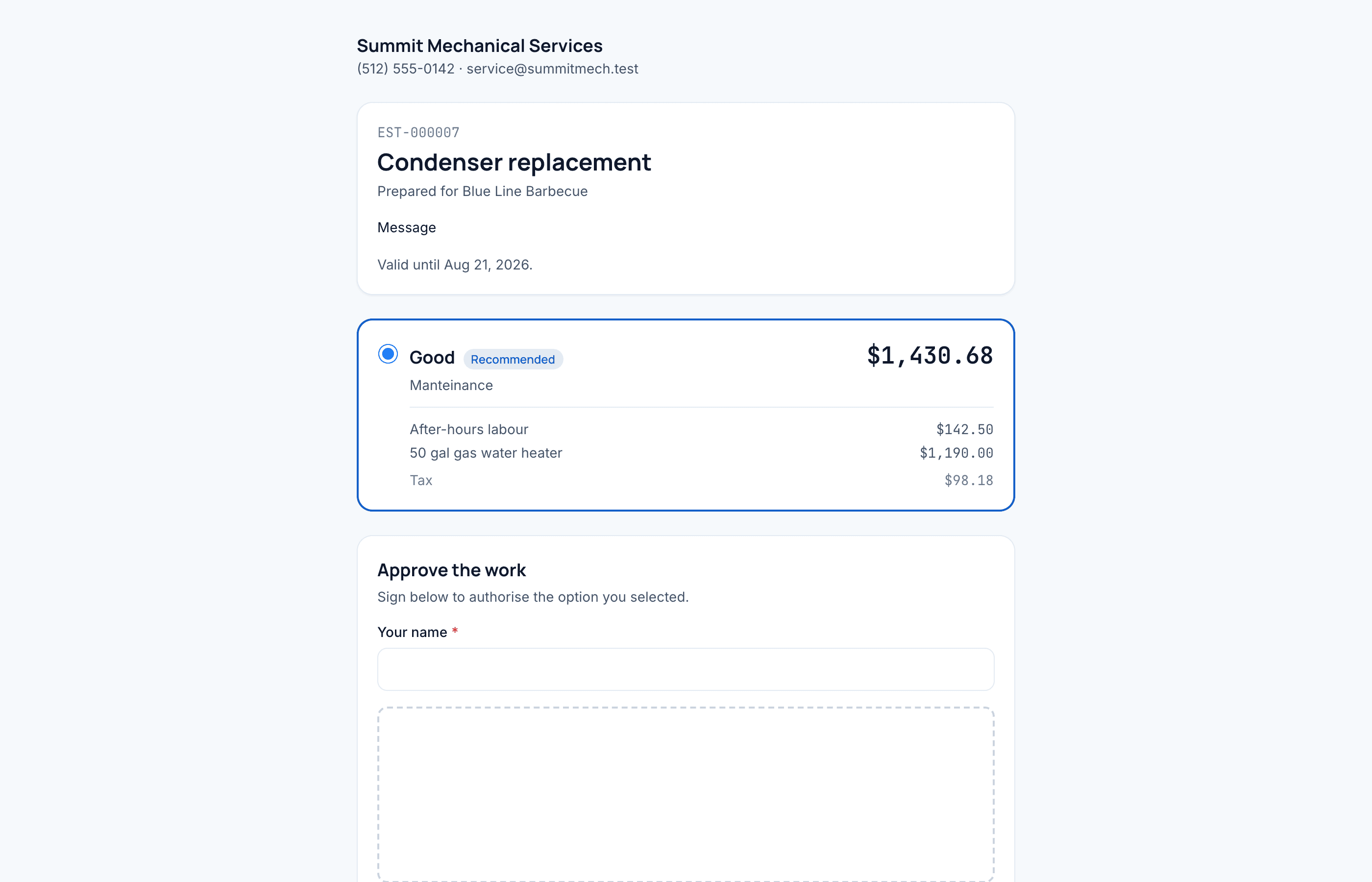 The estimate a customer sees, with the options priced and an approve button.