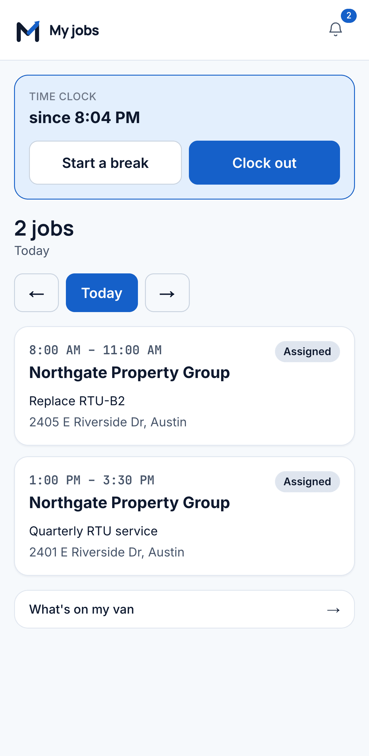 A technician's day in the field app: three jobs, each with its time, customer and status.